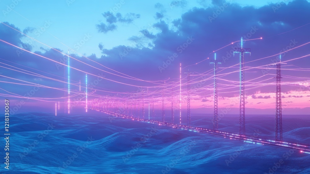 Poster a powerful image of electric power lines crossing a vast landscape, with glowing transmission lines 