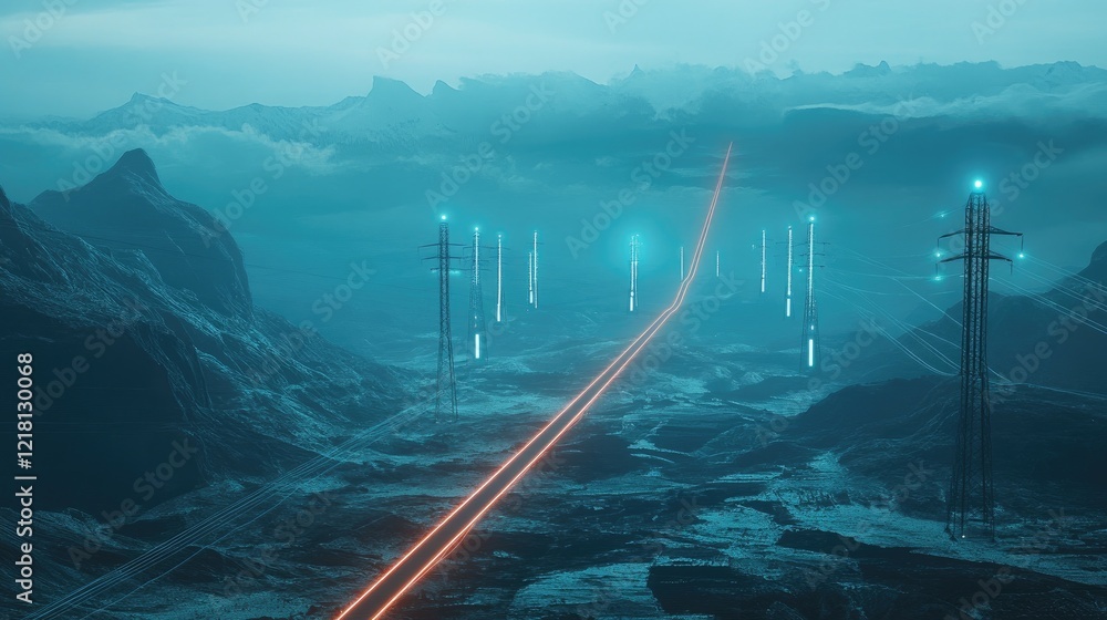 Poster a powerful image of electric power lines crossing a vast landscape, with glowing transmission lines 