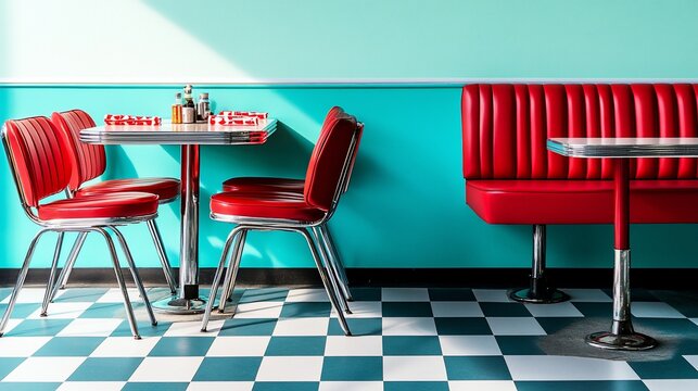 Retro diner booth, table, chairs, sunlight, checkered floor, 50s style