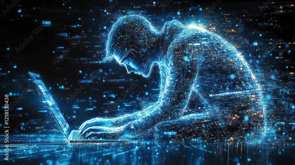 Poster digital human coding on laptop, data streams.