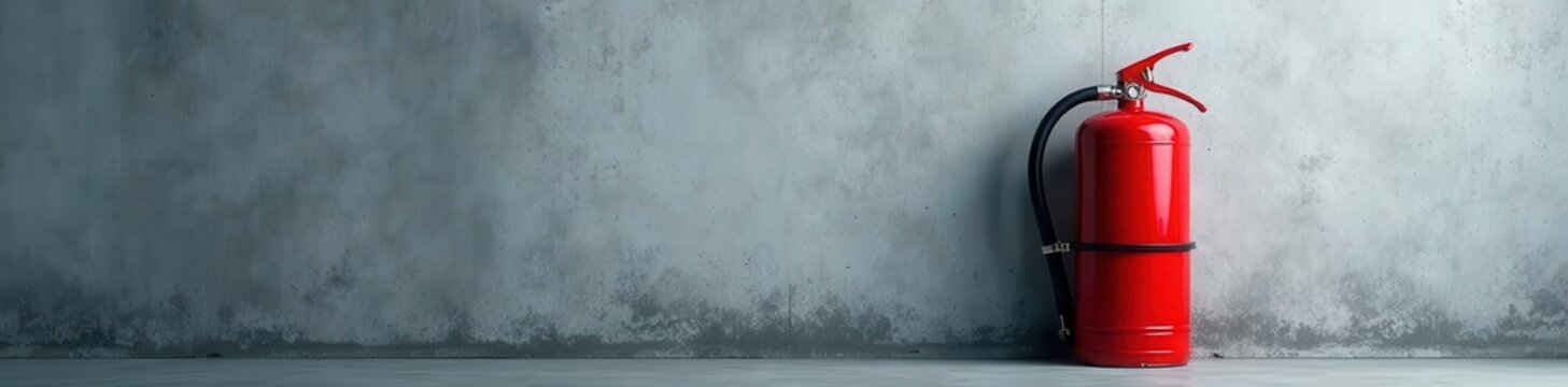 Close-up view of fire extinguisher against a textured gray wall, fire suppression system, spray
