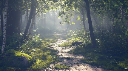 Obraz premium Misty forest path sunrise nature trail background fantasy