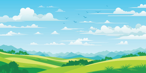 Obraz premium View of summer landscape, spring hills, green meadows and hills, bird flock, vector illustration