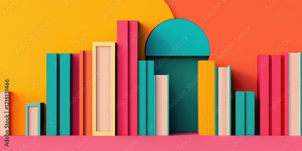 Poster colorful bookshelf display in artistic setting vibrant environment creative concept modern viewpoint