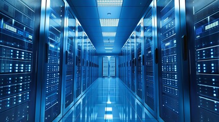 Rows of server racks in a modern high tech data center facility  This image showcases the cutting edge infrastructure and digital technology that powers the data driven world  The sleek