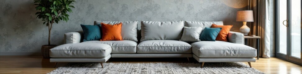 Sleek gray sofa, plush cushions, modern living room , home, sleek