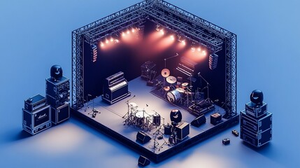 Isometric concert stage, blue background, music equipment, low-poly, event promotion