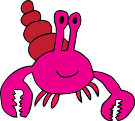 funny smiling pink crab with big claws with red big shell on back stands and looks at camera