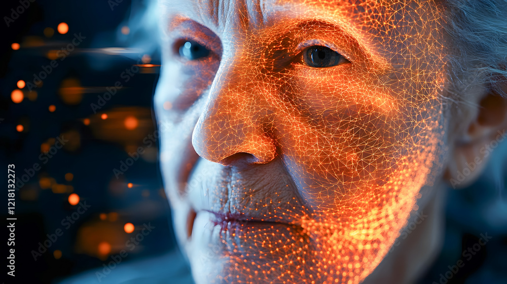 Poster intricate close-up of elderly woman's face with abstract digital light patterns and transformative e