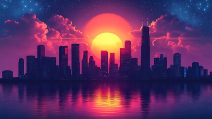 Cityscape Silhouette at Sunset with Starry Sky