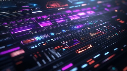 Obraz premium Futuristic data interface displays graphs, charts, and metrics; glowing neon background; digital technology screen