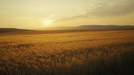 A vast golden wheat field at sunset with grains spilling from the harvest, illustrating the peaceful end of a day in a productive rural landscape
