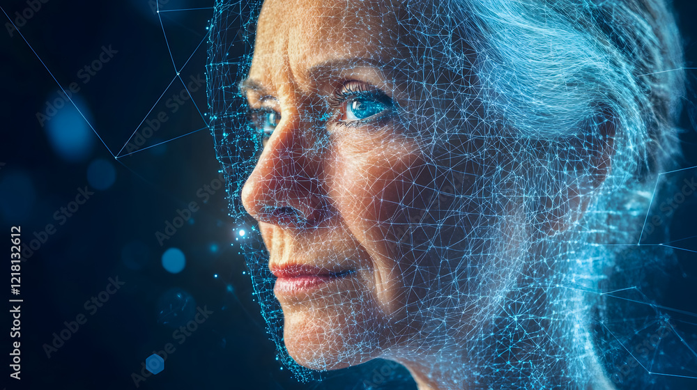 Poster futuristic portrait of a woman with digital data visualization overlay and neural network concept