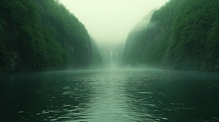 Misty waterfall cascading into serene lake between lush green cliffs.