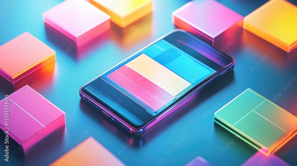 Poster a vibrant concept image of colorful information boxes surrounding a smartphone, symbolizing digital 