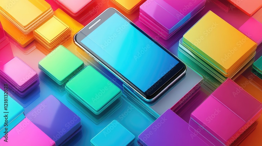 Poster a vibrant concept image of colorful information boxes surrounding a smartphone, symbolizing digital 