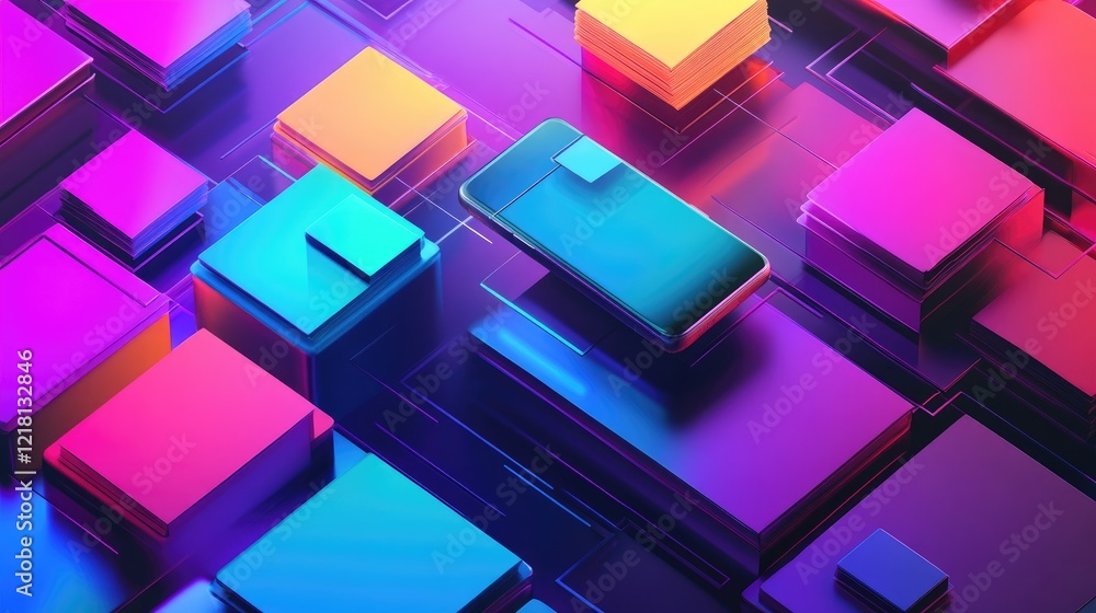 Poster a vibrant concept image of colorful information boxes surrounding a smartphone, symbolizing digital 