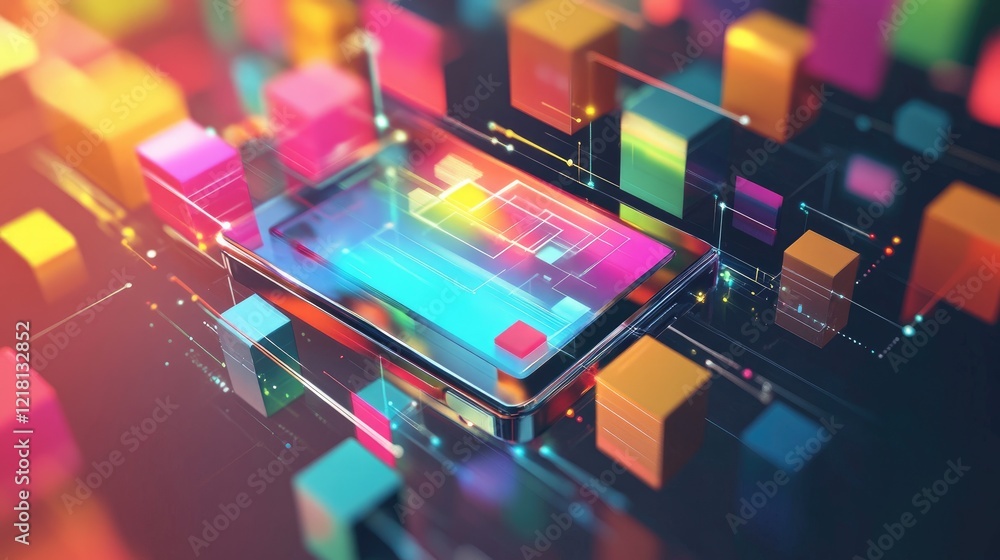 Poster a vibrant concept image of colorful information boxes surrounding a smartphone, symbolizing digital 