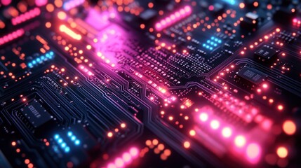Obraz premium Abstract Circuit Board: Neon Glow, Technological Marvel