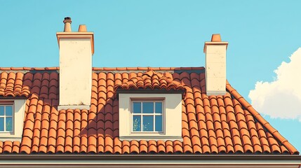 Sunlit Terracotta Roof with Dormers and Chimneys: A Peaceful Architectural Detail