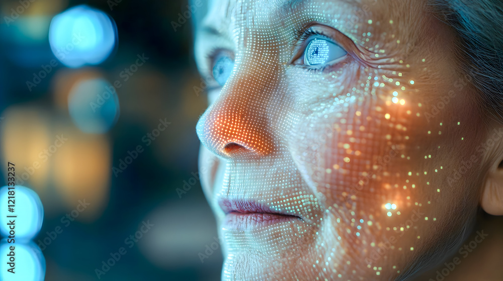 Poster digital transformation of aging faces with futuristic technology and light patterns in a modern envi