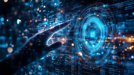 Hand interacts with digital interface, futuristic data background, tech innovation concept