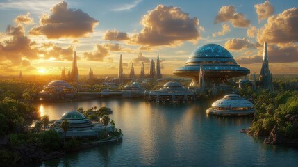 Obraz premium Futuristic city skyline at sunset, reflecting on calm water.