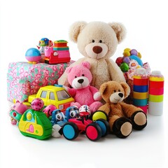 Colorful toys, gift box, studio shot, white background, children's play