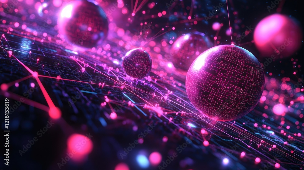 Poster Abstract 3D rendering of AI data cubes and spheres interacting, with glowing connections representing the flow of information in AI systems