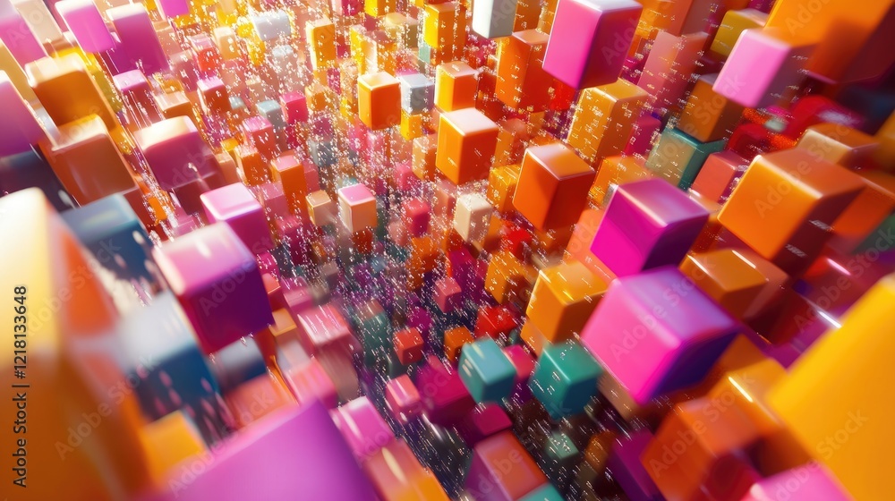 Poster Abstract 3D rendering of vibrant cubes and digital data streams, illustrating the intersection of AI innovation, cloud technology, and data processing