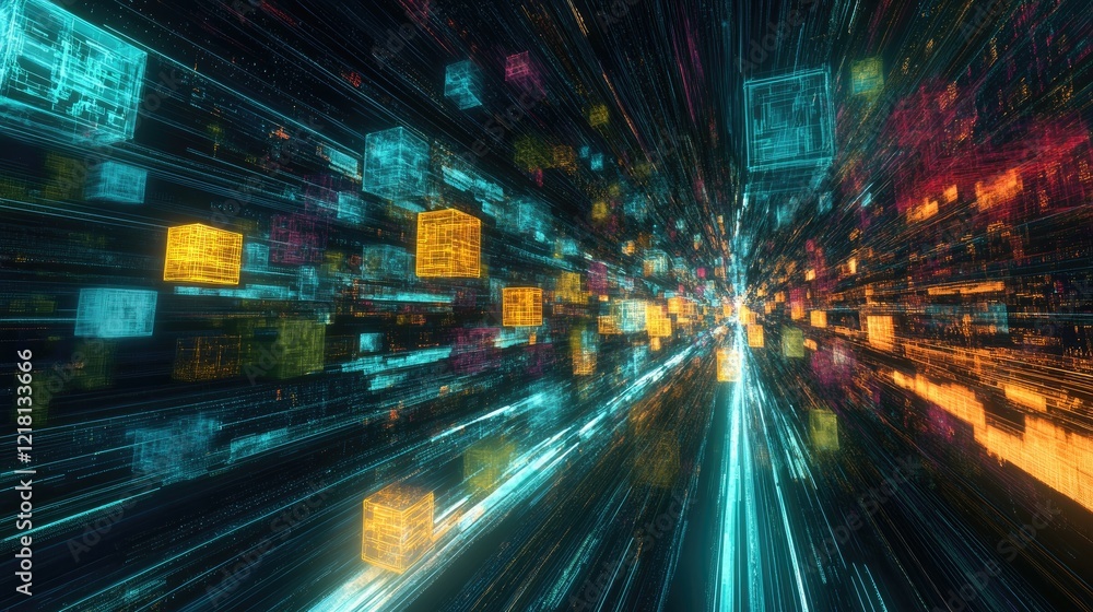 Aufkleber Abstract 3D rendering of vibrant cubes and digital data streams, illustrating the intersection of AI innovation, cloud technology, and data processing