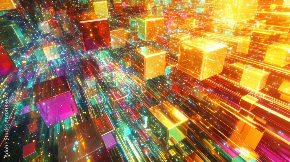 Aufkleber Abstract 3D rendering of vibrant cubes and digital data streams, illustrating the intersection of AI innovation, cloud technology, and data processing