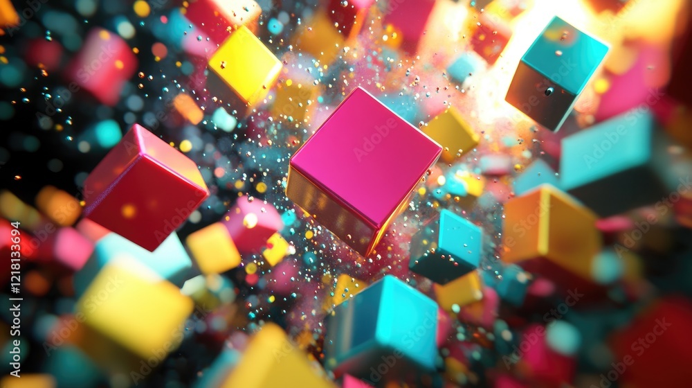 Aufkleber Abstract 3D rendering of vibrant cubes and digital data streams, illustrating the intersection of AI innovation, cloud technology, and data processing