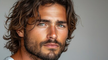Handsome man portrait, studio shot, grey background, model posing