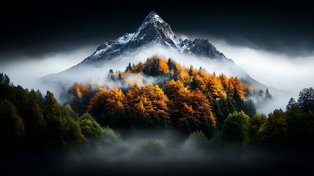 Autumnal mountain peak shrouded in mist, forest foreground; scenic wallpaper - Powered by Adobe