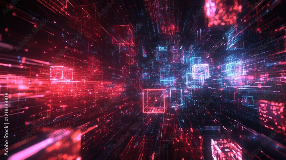 Poster Abstract AI technology background featuring flying cubes interconnected by glowing digital threads, symbolizing the complexity of machine learning