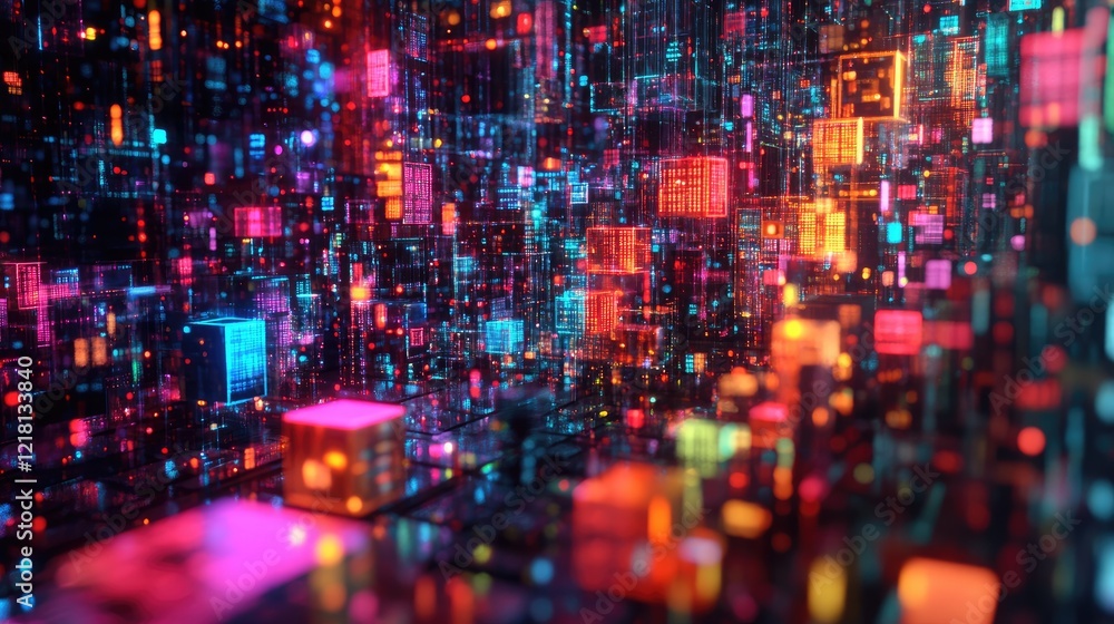 Poster Abstract concept of AI innovation with vibrant cubes and digital data networks, symbolizing the future of cloud technology and artificial intelligence