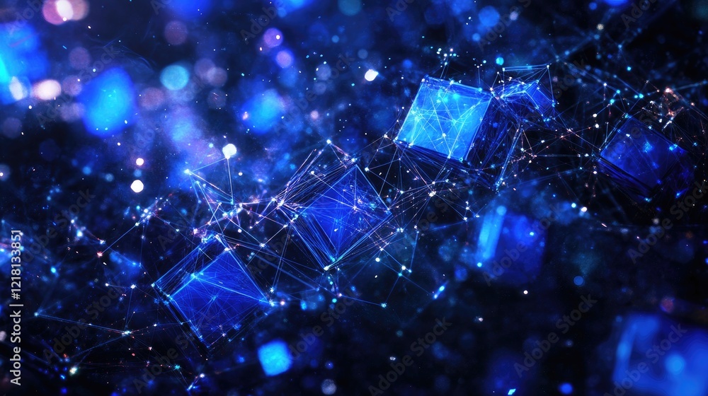 Poster Abstract AI technology background featuring flying cubes interconnected by glowing digital threads, symbolizing the complexity of machine learning