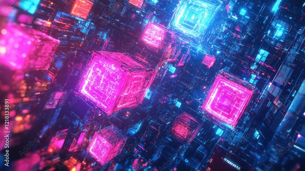 Poster Abstract concept of AI innovation with vibrant cubes and digital data networks, symbolizing the future of cloud technology and artificial intelligence