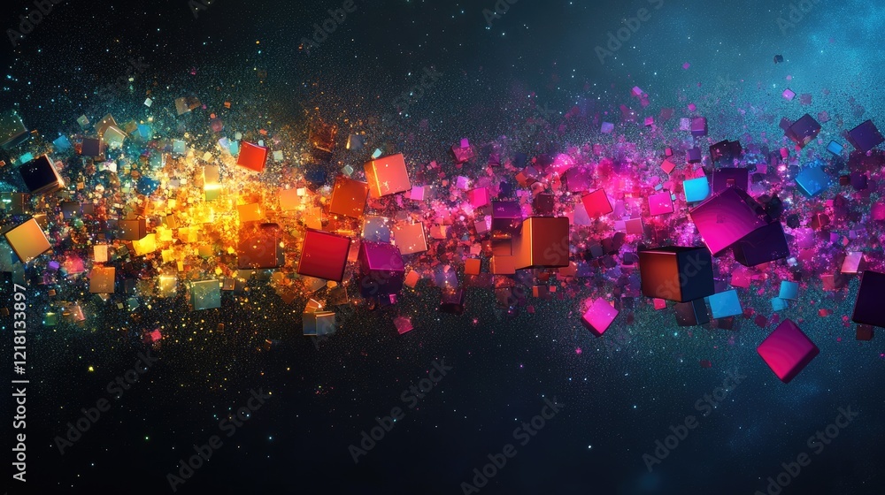 Poster Abstract concept of AI innovation with vibrant cubes and digital data networks, symbolizing the future of cloud technology and artificial intelligence