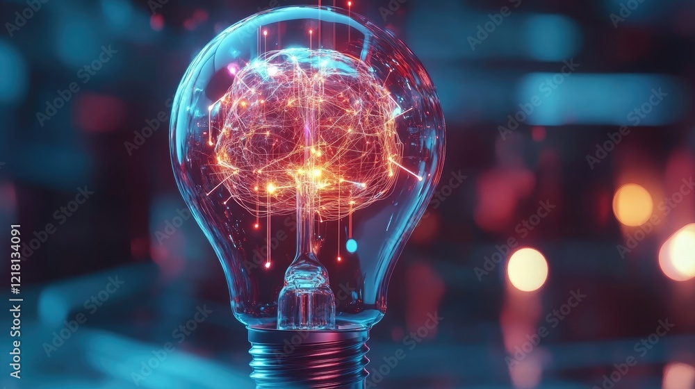 Poster Abstract concept of AI inside a light bulb, with glowing neural networks and data streams flowing, symbolizing the power of artificial intelligence and innovation