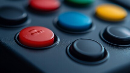 Red button pressed on control panel; close-up, technology, blurred background