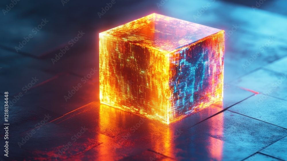 Poster Abstract image of a rotating data cube with dynamic light effects, representing the flow of information in a technological environment