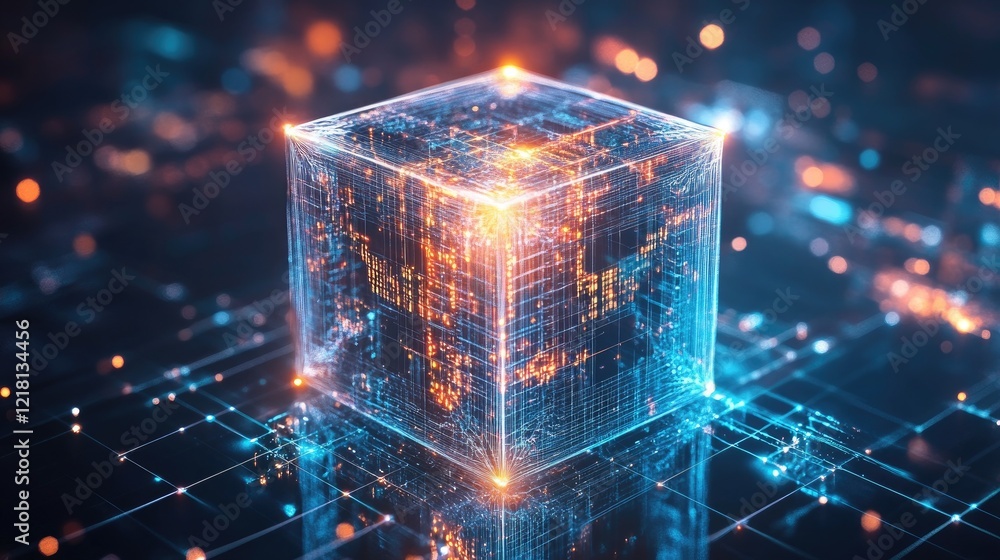 Poster Abstract image of a rotating data cube with dynamic light effects, representing the flow of information in a technological environment