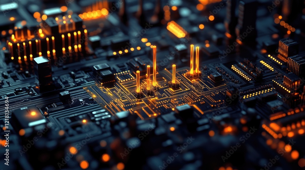 Poster Abstract representation of a stock market chart with candlesticks superimposed on a digital circuit board, illustrating tech-driven financial analysis