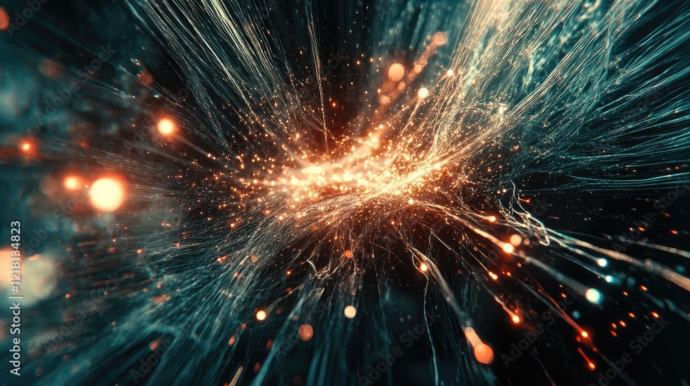 Poster abstract visualization of fiber optic data transmission, with glowing lights and data pulses moving 