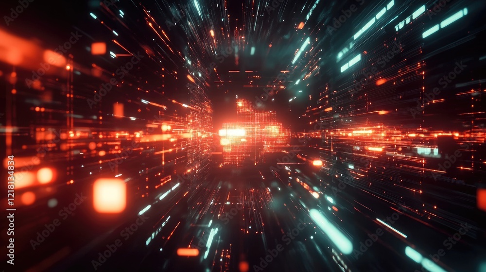 Poster abstract visualization of fiber optic data transmission, with glowing lights and data pulses moving 