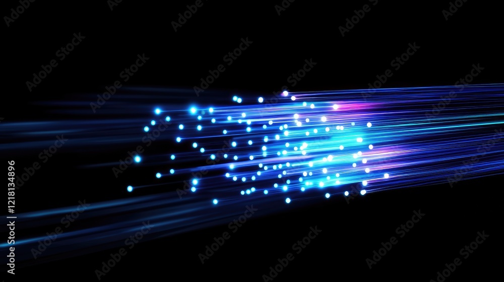 Poster abstract visualization of fiber optic data transmission, with glowing lights and data pulses moving 