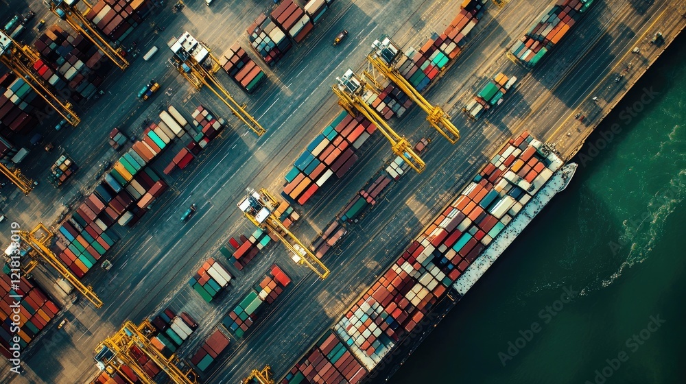 Poster Aerial view of a busy port with digital lines connecting various areas, symbolizing modern logistics, global trade, and interconnected transportation systems