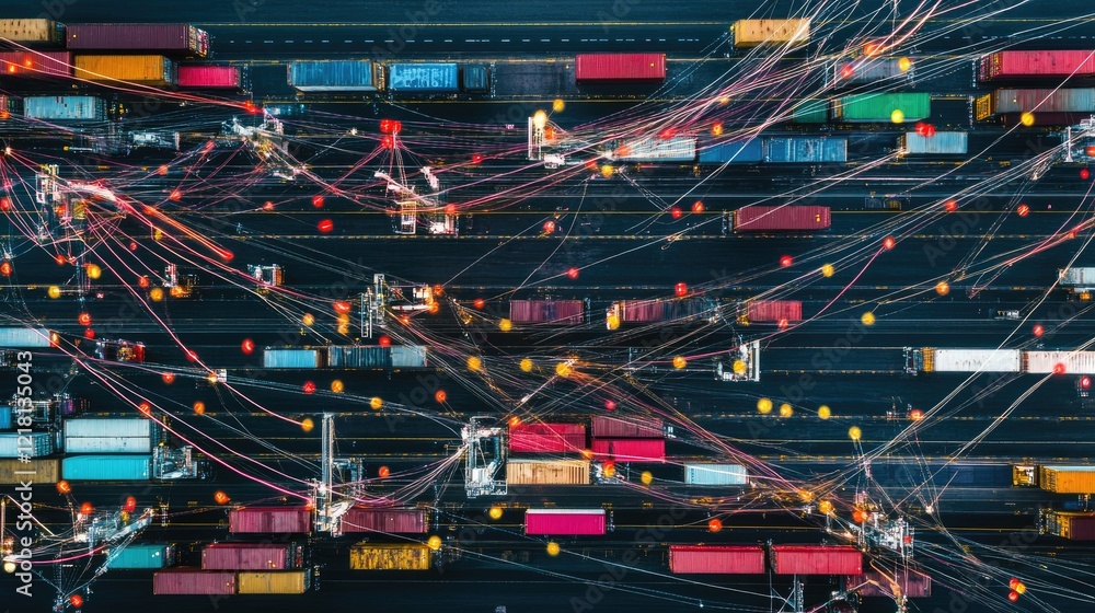 Poster Aerial view of a busy port with digital lines connecting various areas, symbolizing modern logistics, global trade, and interconnected transportation systems